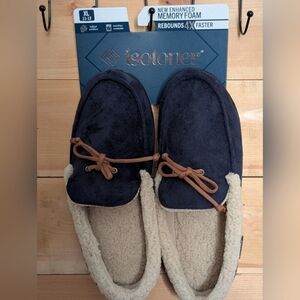 Isotoner Men's Dark Blue Loafers with Tan Accents, NWT...XL